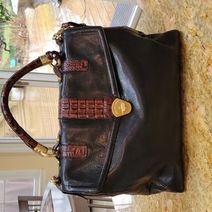 Brahman large black smooth leather satchel with brown embossed leather trim.
